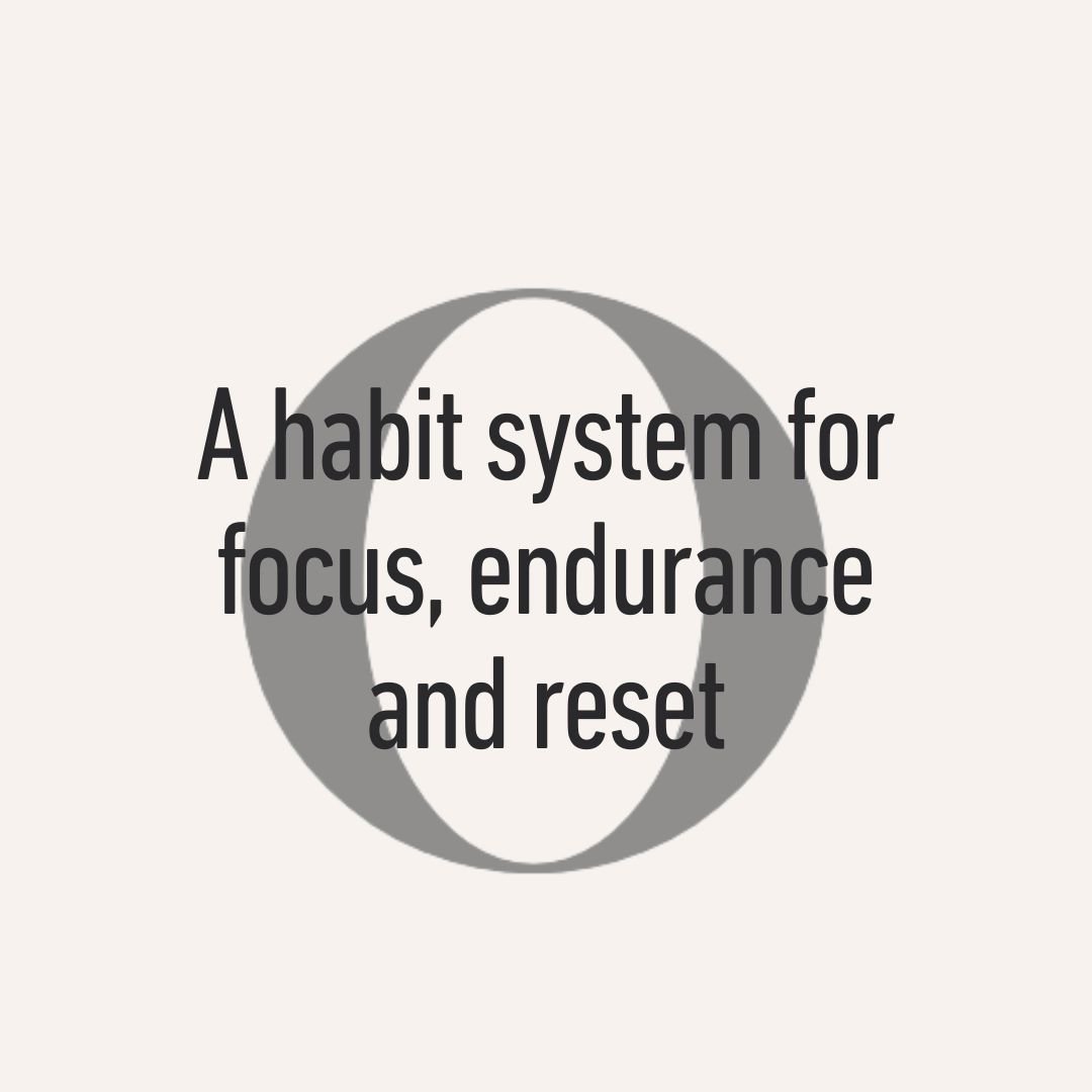 Quote saying: 'A habit system for focus, endurance and reset' with a grey circular logo in the background.