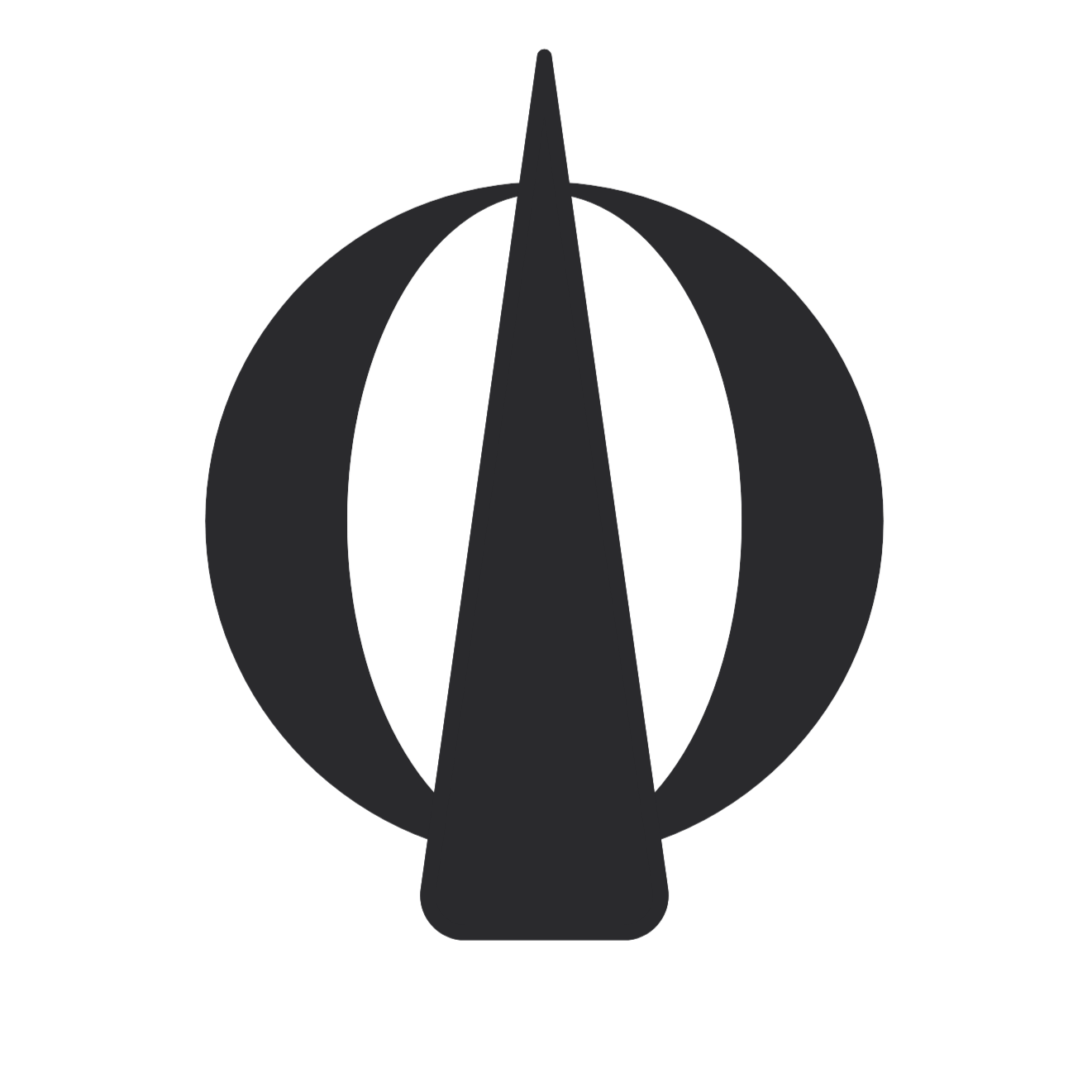 A large, black, stylized circle with a solid, narrow  triangle shooting up through it