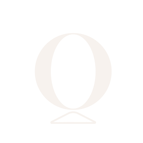 A large, white, stylized circle with a small upward triangle on the bottom