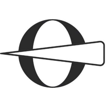 A large, black, stylized circle with a horizontal, narrow triangle running through it