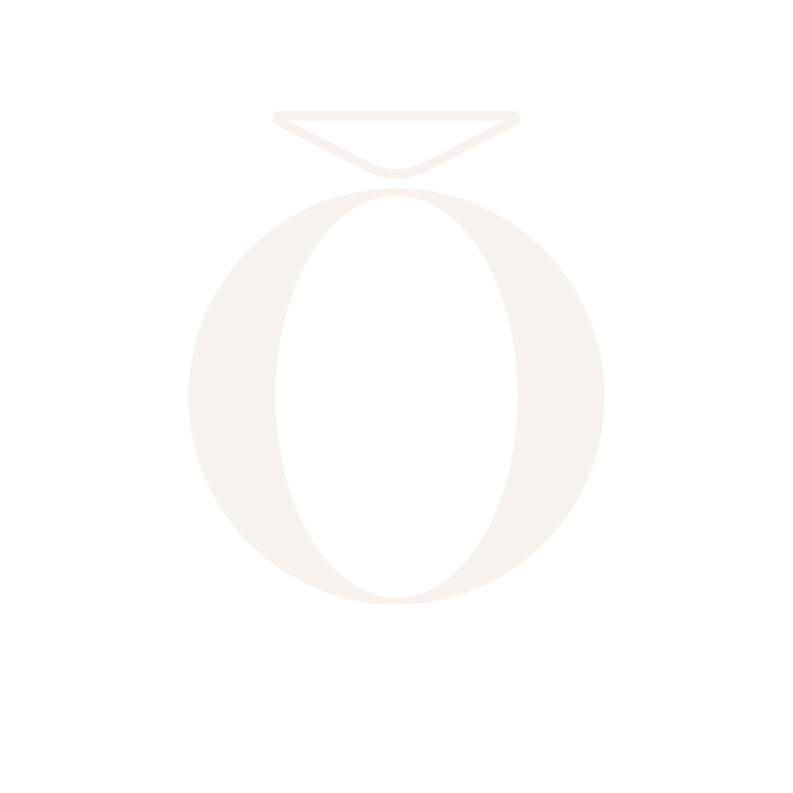 A large, white, stylized circle with a small downward triangle on top