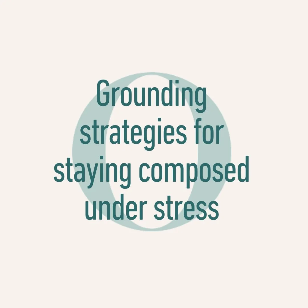 Text reading 'Grounding strategies for staying composed under stress' on a light background with a circular design element behind the text.