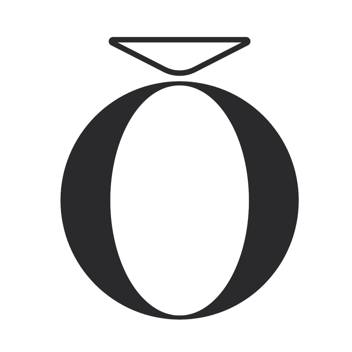 A large, white, stylized circle with a small downward triangle on top
