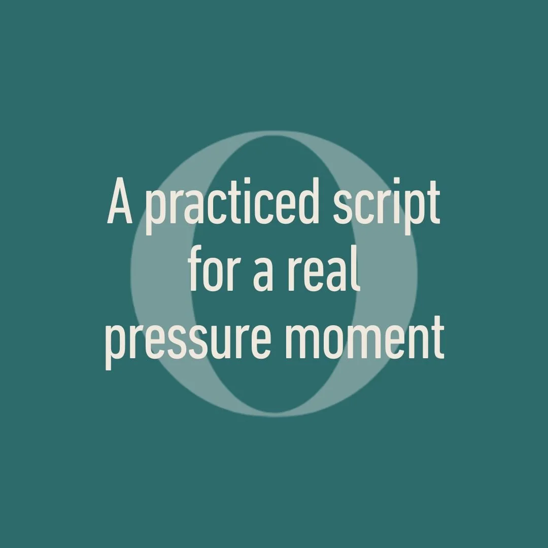 Text overlay on teal background reads: "A practiced script for a real pressure moment" with a stylized globe graphic in the background.