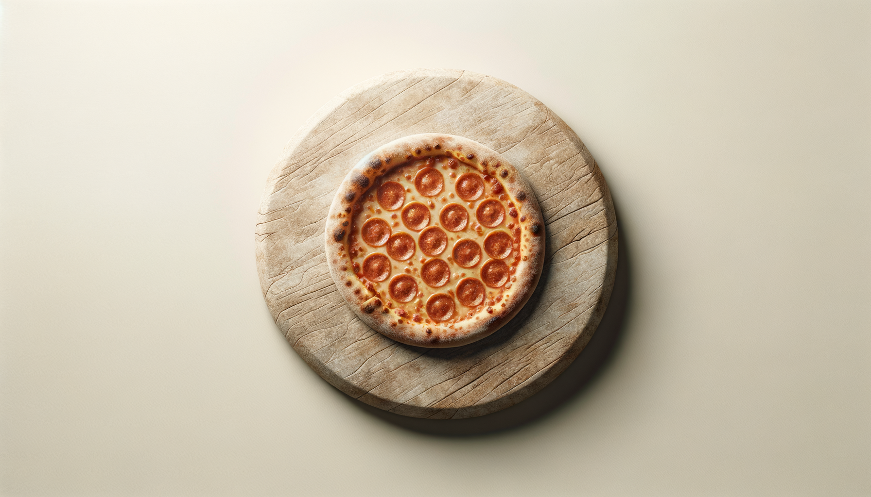 Pizza de pepperoni en una tabla de madera sobre un fondo claro.