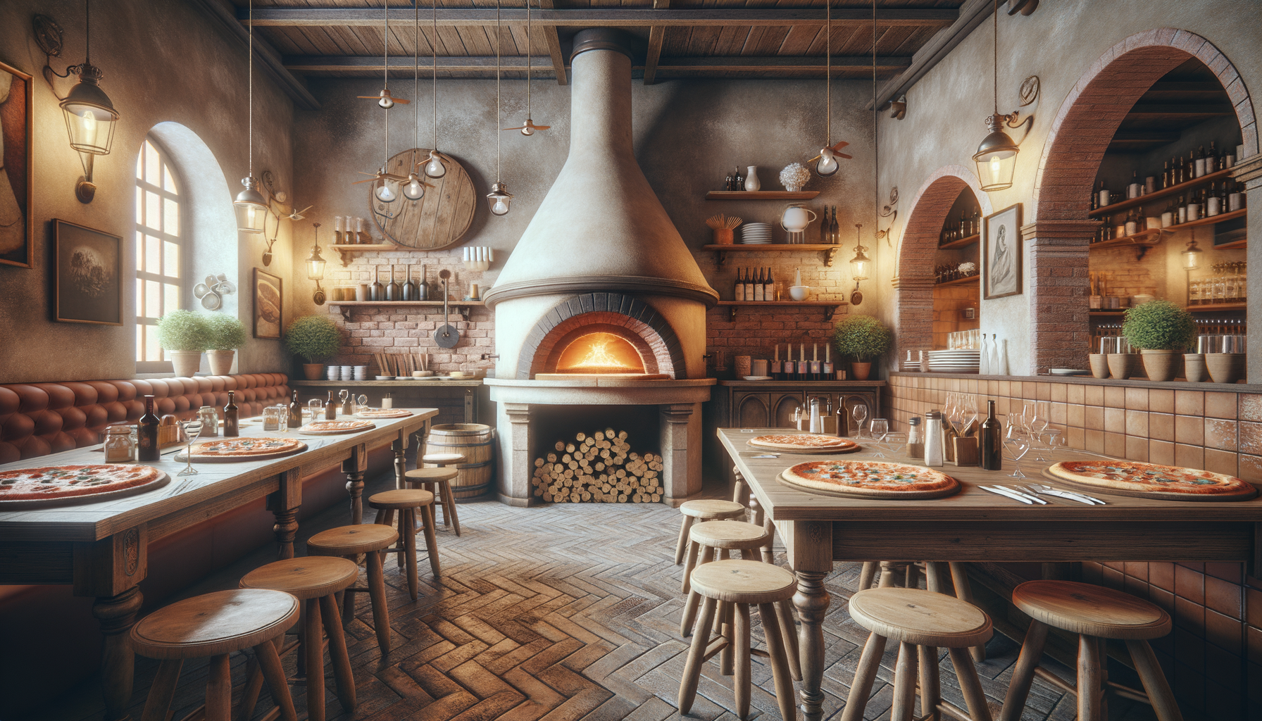 Interior rústico de pizzería con horno de leña central, mesas con pizzas, sillas de madera, iluminación cálida, plantas en macetas y estanterías con ollas y botellas.