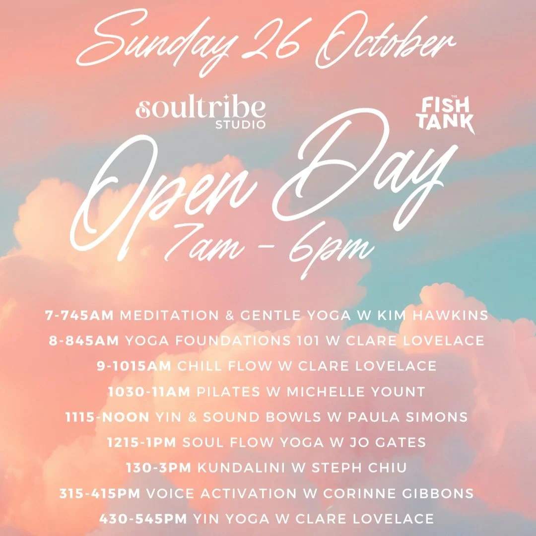 Line up for the @soultribestudio and @fishtankcowork The Bay open day on Sunday 26 October!

Free yoga, movement, meditation and voice work with the renown @corinne_gibbons - sessions run all day - along with bottomless chai, donations for barrista c