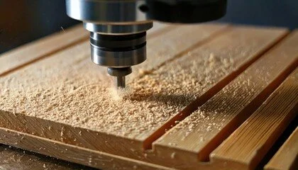 Close-up of a CNC machine router carving into a wooden workpiece, with wood shavings around.
