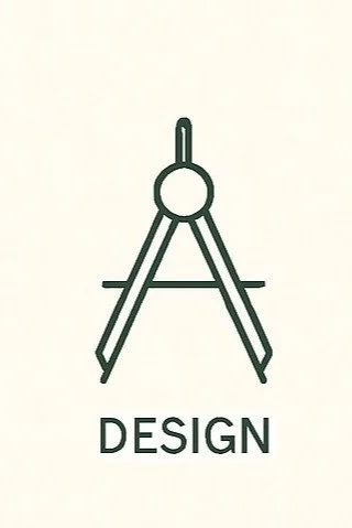 A pair of green geometric compasses with the word 'DESIGN' underneath on a beige background.