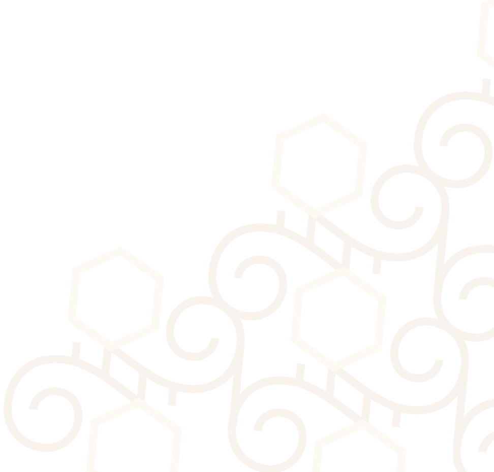 Decorative pattern of hexagons connected by swirls and lines in shades of brown and beige on a black background.