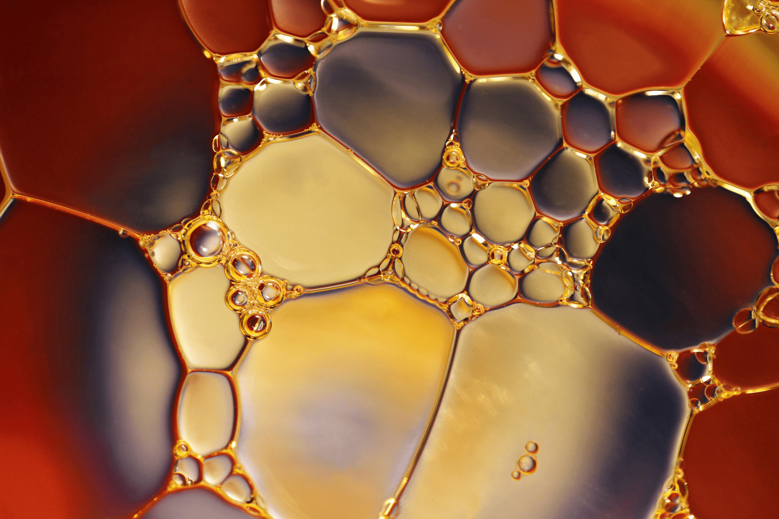 Macro photograph of water droplets and air bubbles forming intricate cellular patterns.
