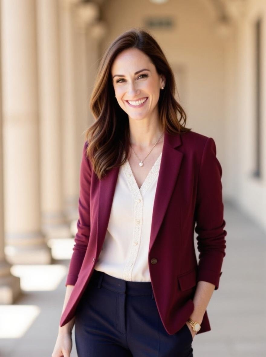 Suzanne in a burgundy blazer and cream blouse smiling confidently while walking through an arched outdoor corridor.