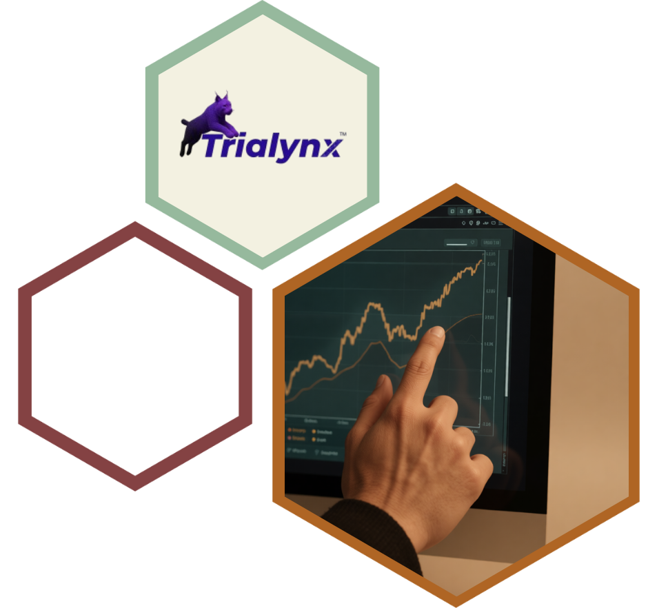 A hand pointing at an upward-trending data chart on a dark monitor screen, with a Trialynx logo.