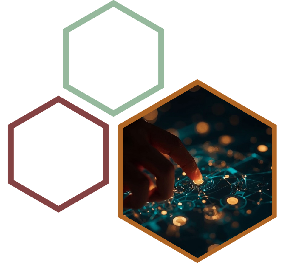 A finger touching a glowing digital network interface with illuminated pathways.