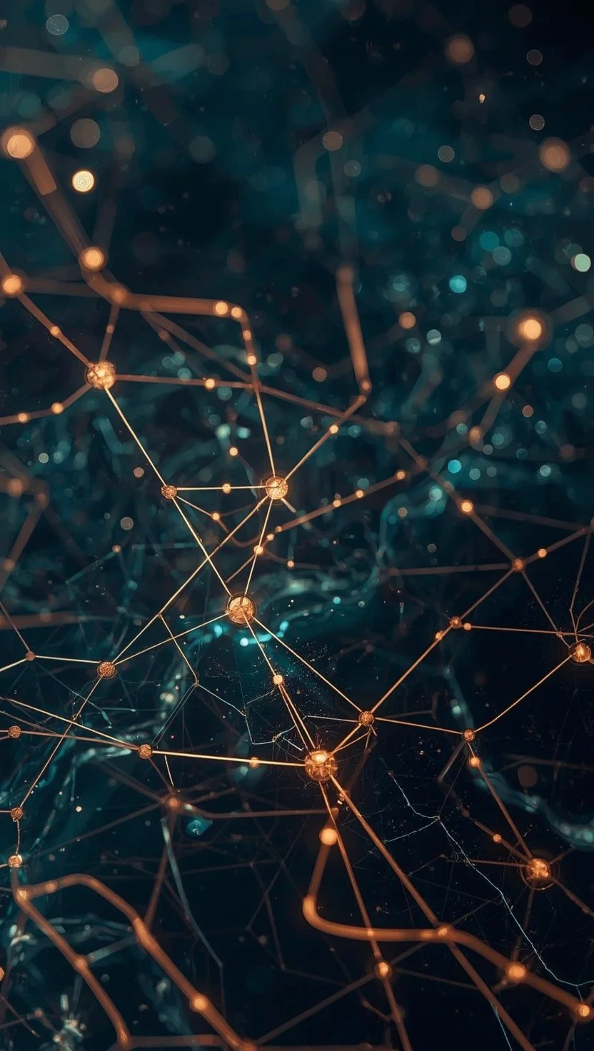 Abstract digital network of glowing gold nodes, evoking a molecular structure.