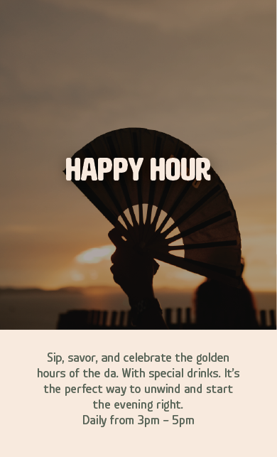 A person holding a traditional fan with a sunset in the background, promoting happy hour.