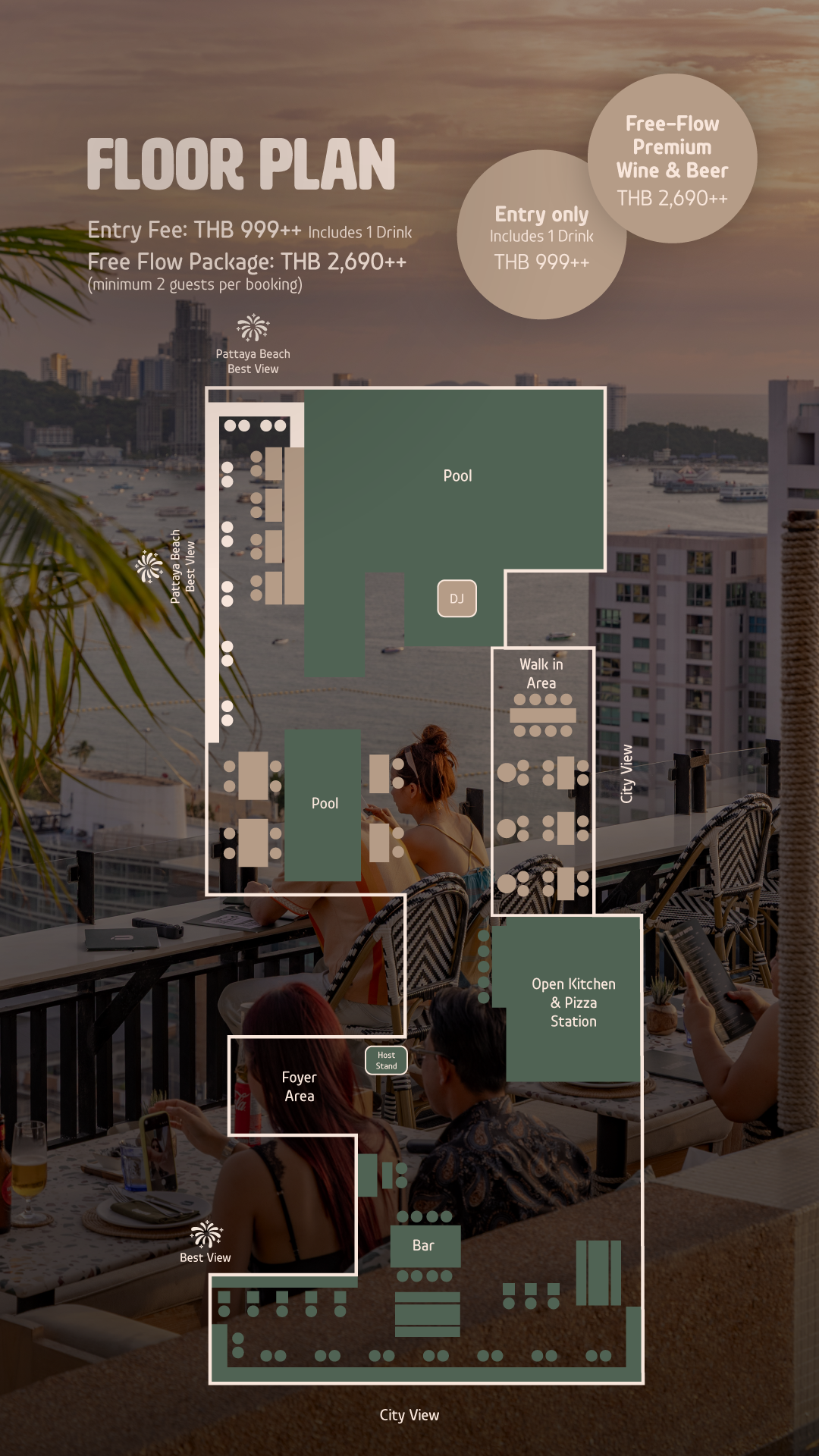 Floor plan of a rooftop bar and lounge with pools, a walk-in area, an open kitchen and pizza station, a bar, a foyer area, and seating areas, overlooking Pattaya Beach and city view during sunset.