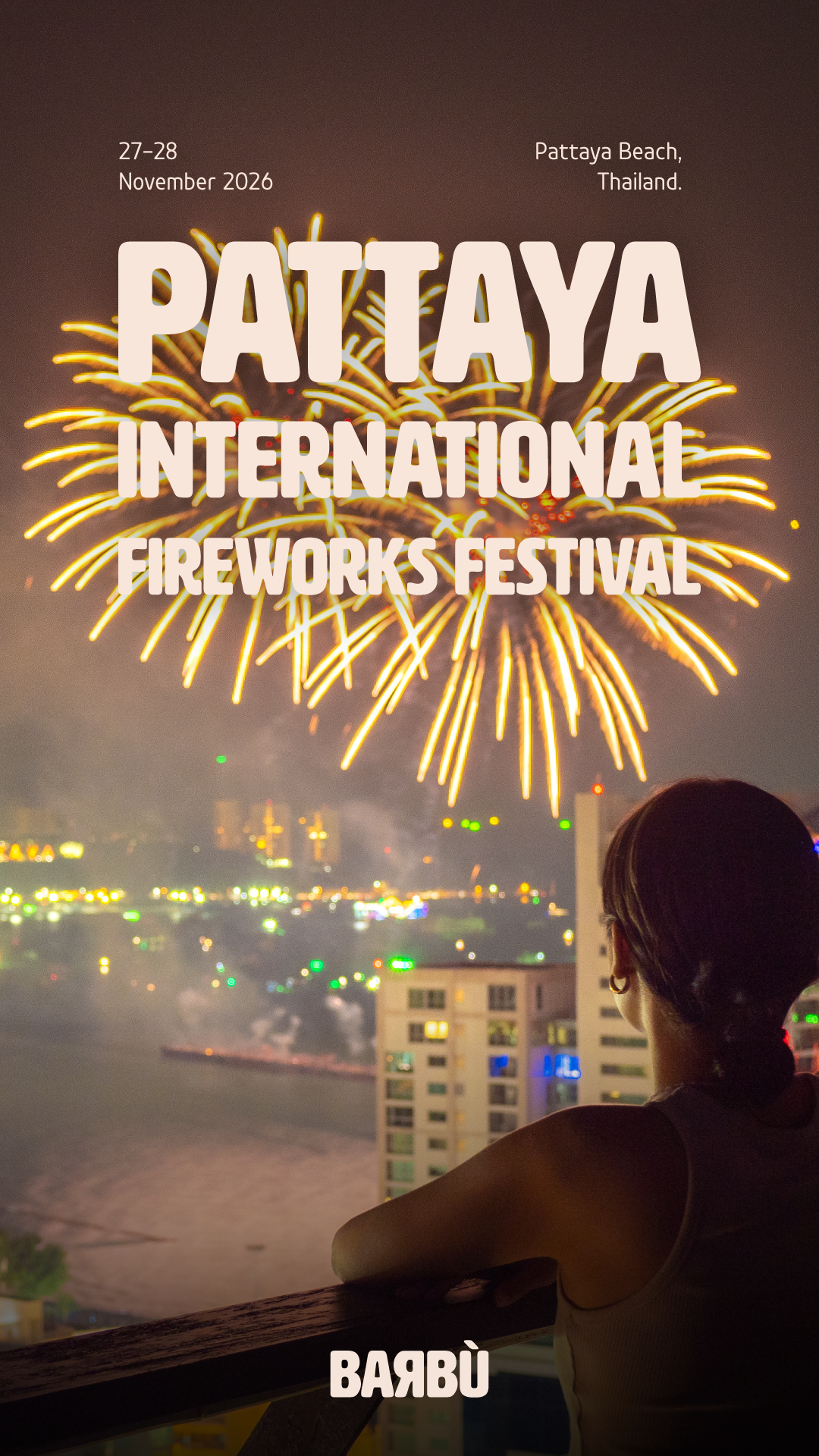 A person watching fireworks display at Pattaya Beach, Thailand, during the Pattaya International Fireworks Festival, November 27-28, 2026.