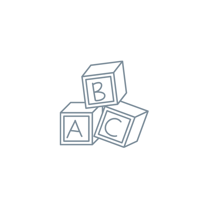 Outline drawing of three children's blocks labeled A, B, and C, stacked on a black background.