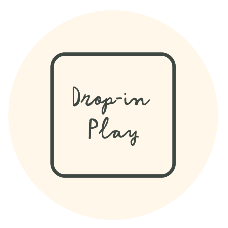 Handwritten text on a paper with the words "Drop-in Play" in a black border circle.