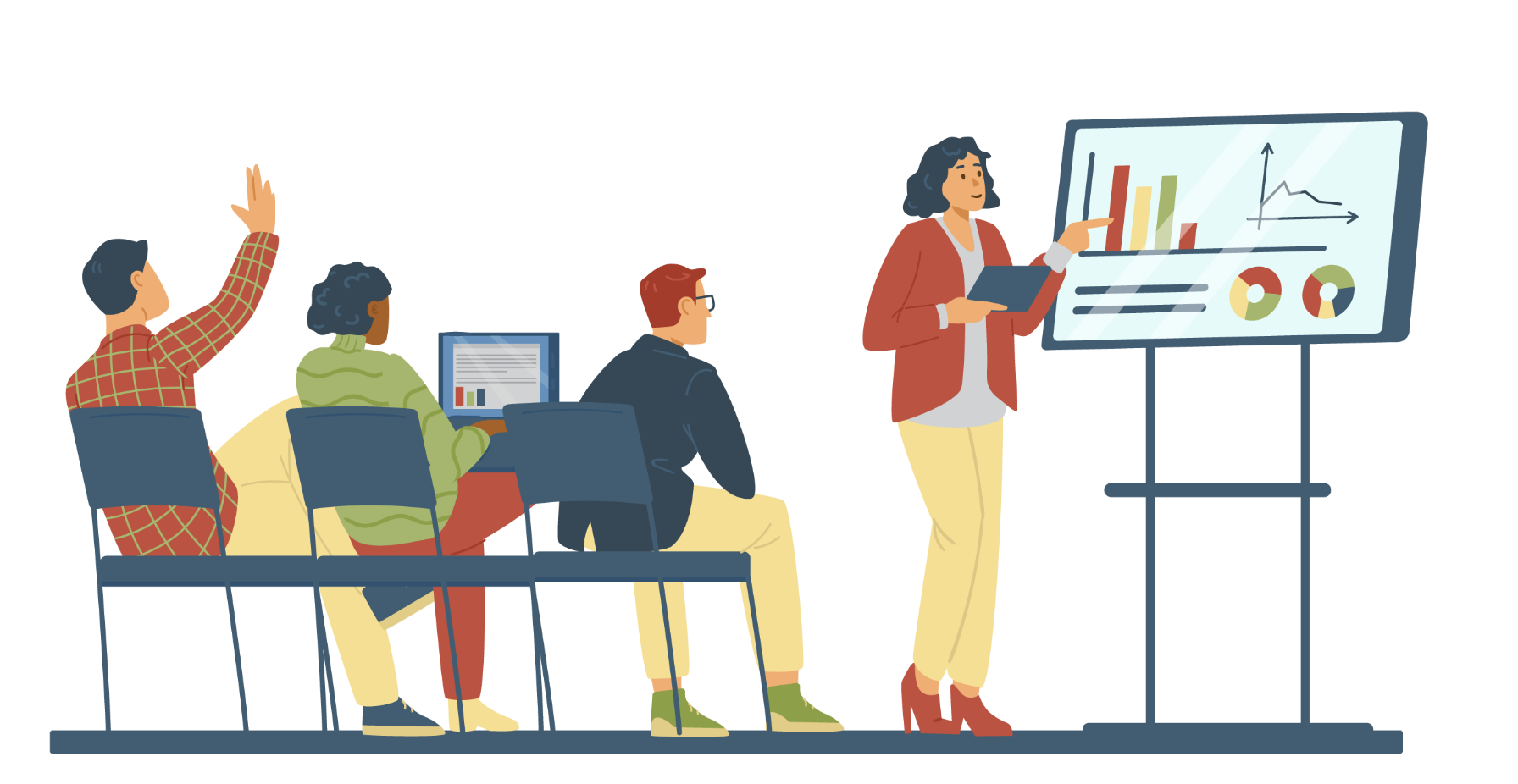 A woman presenter in business attire leading a presentation with a digital screen displaying charts and graphs, while three seated audience members, including a man raising his hand, watch and listen.