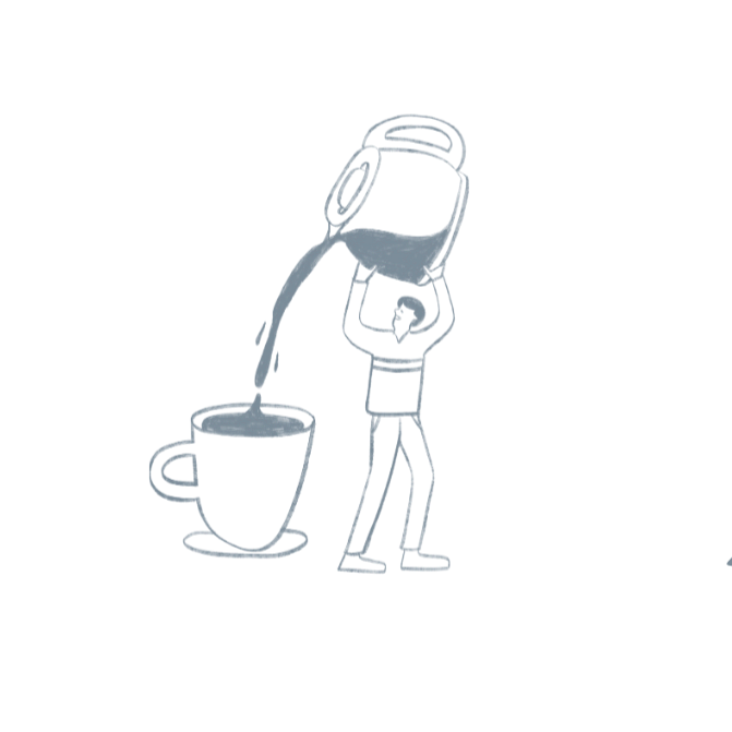 A person pouring coffee from a kettle into a cup.