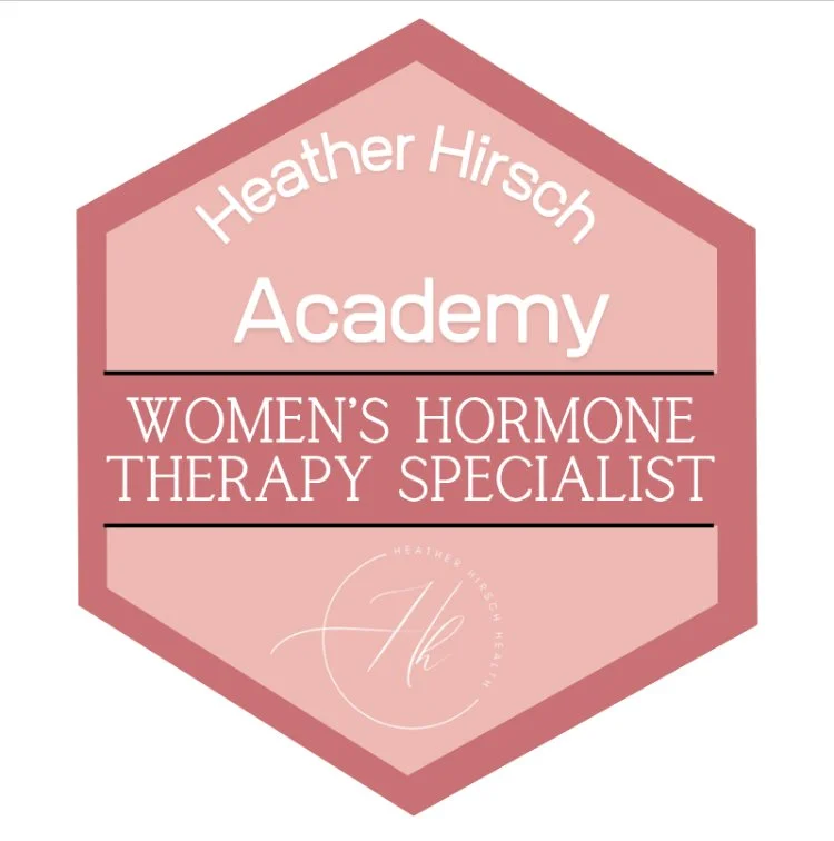 Pink hexagonal logo for Heather Hirsch Academy with text indicating it is about women's hormone therapy specialty.