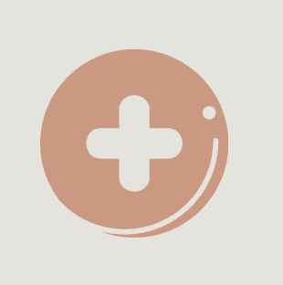 A medical cross symbol icon inside a peach-coloured circle with a small dot and curved line.