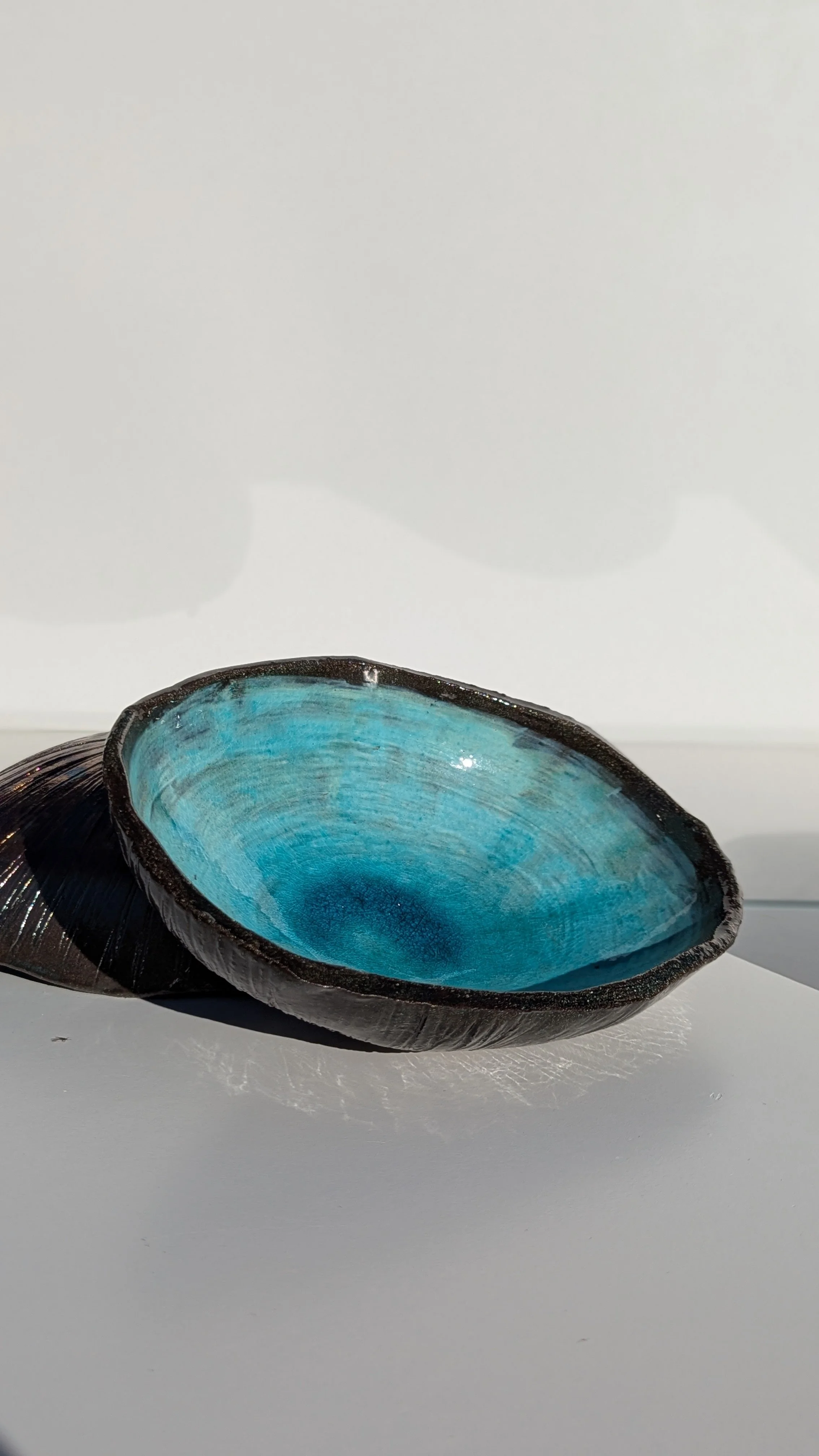 A ceramic bowl with a black exterior and a bright blue interior, resting on a white surface.