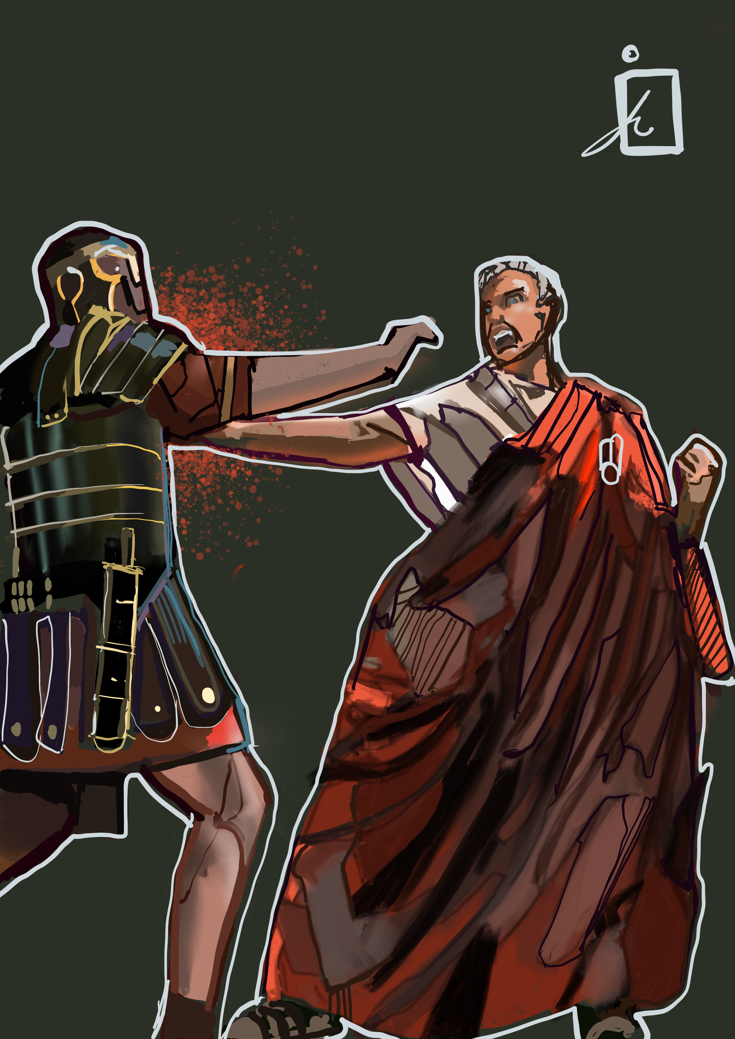 Stylized digital illustration of a bloodied, armored warrior and a seated robed figure in a dark scene, with a speech bubble above.