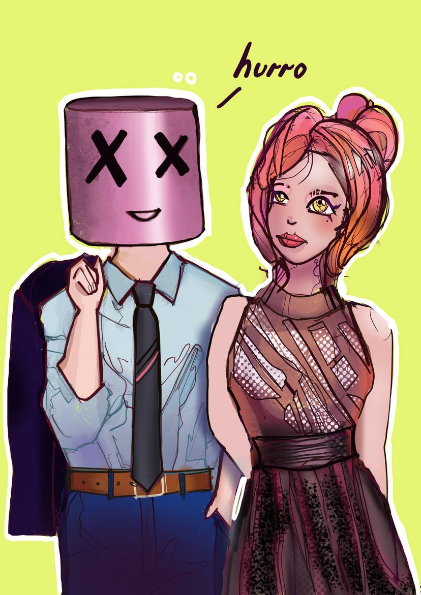 A cartoon-style drawing of a man with a purple robot mask for a head, wearing a dress shirt, tie, and suit jacket over his shoulder, standing next to a woman with wavy, reddish-orange hair in a fancy dress. The man's face is covered by a robot mask with X's for eyes, and the woman is looking at him, saying "hurro".