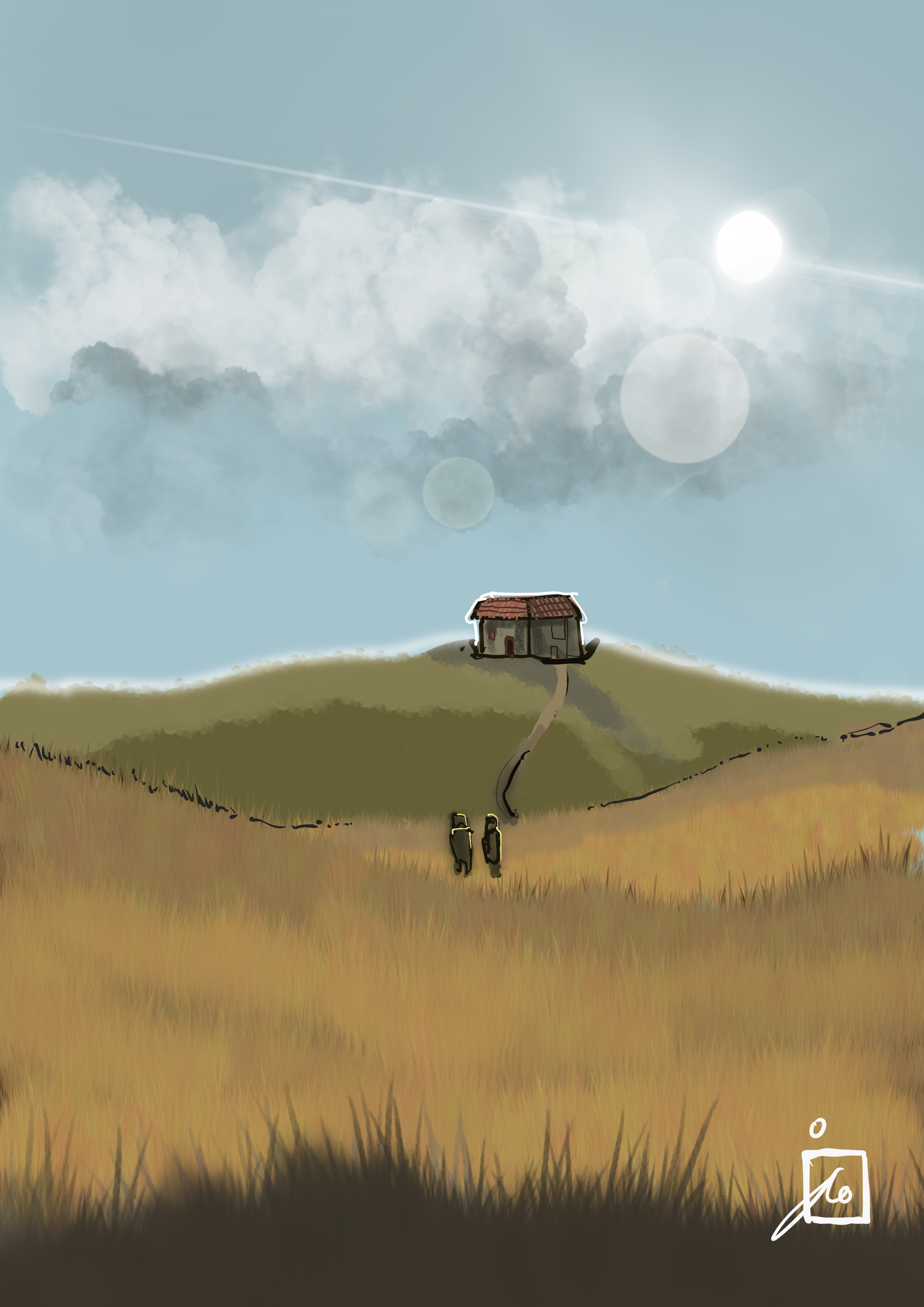 Hand-drawn landscape with two people walking through a grassy field toward a small thatched-roof cottage beneath a bright sun and clouds.