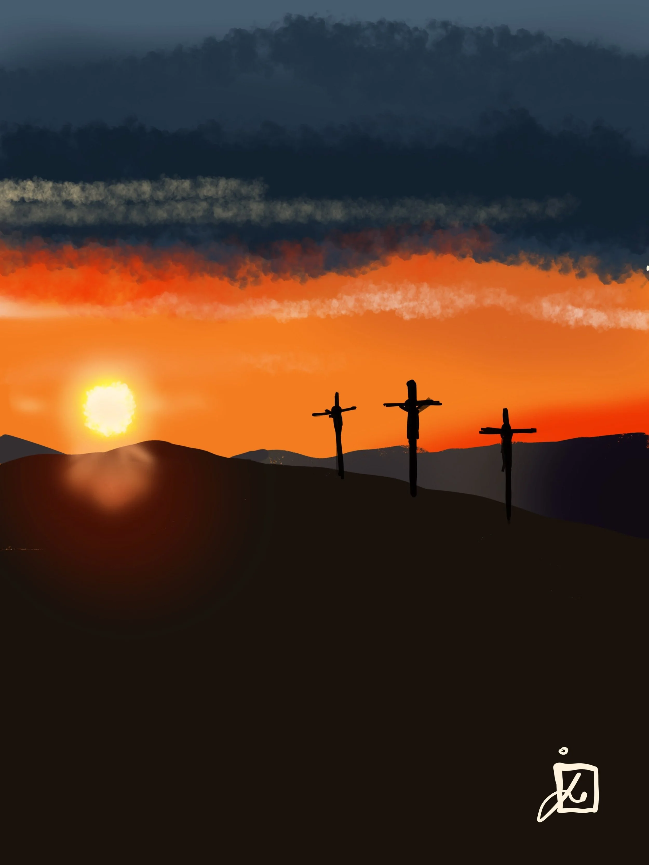 Silhouetted crosses against a dramatic orange sunset, dark clouds, and distant mountains