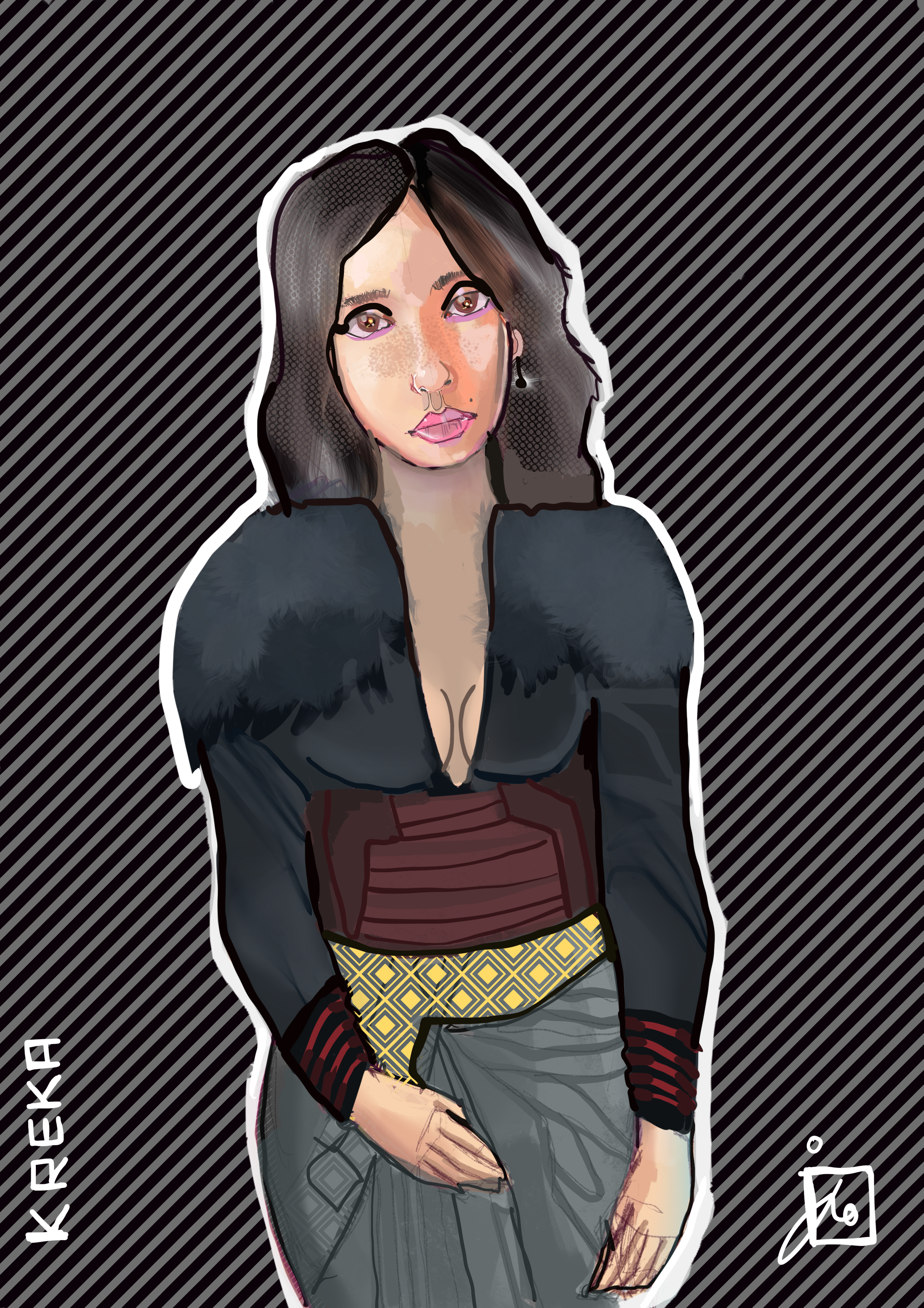 Illustrated woman with dark hair, pink lipstick, black dress, and patterned gold belt against a black-and-gray striped background