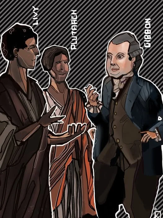 Illustration of three historical figures labeled Kush, Putrefresh, and Gibbon in animated conversation
