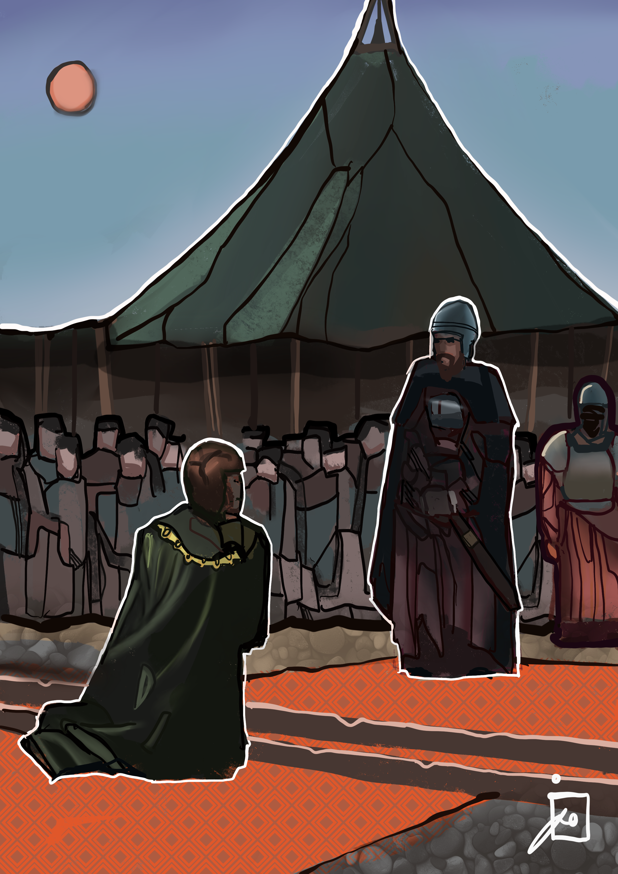 Illustration of villagers gathered outside a large tent as a helmeted guard carries a child, with a sunset and moon overhead