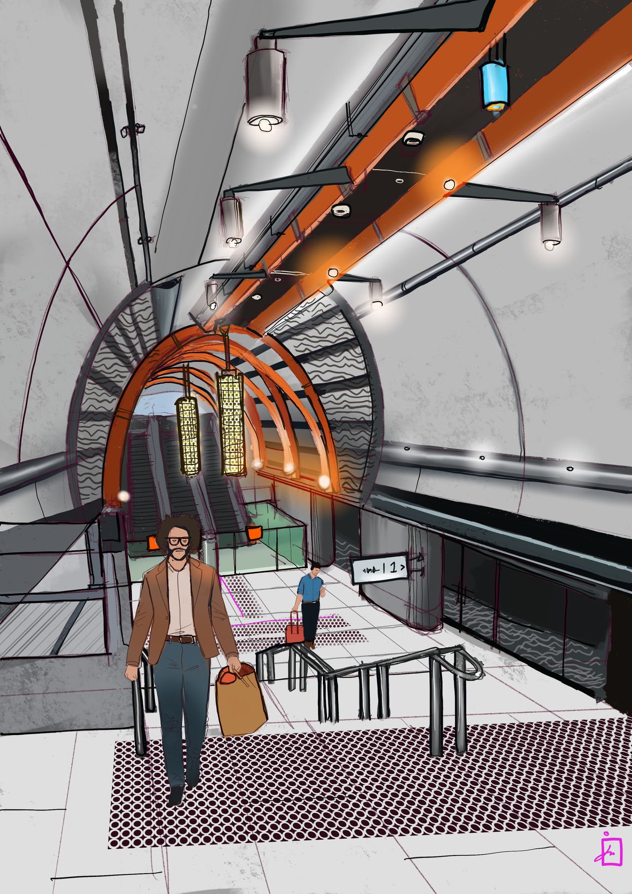Digital drawing of an underground subway station entrance with escalators, wall lights, and a few people walking, including a man with glasses and a woman carrying a suitcase.