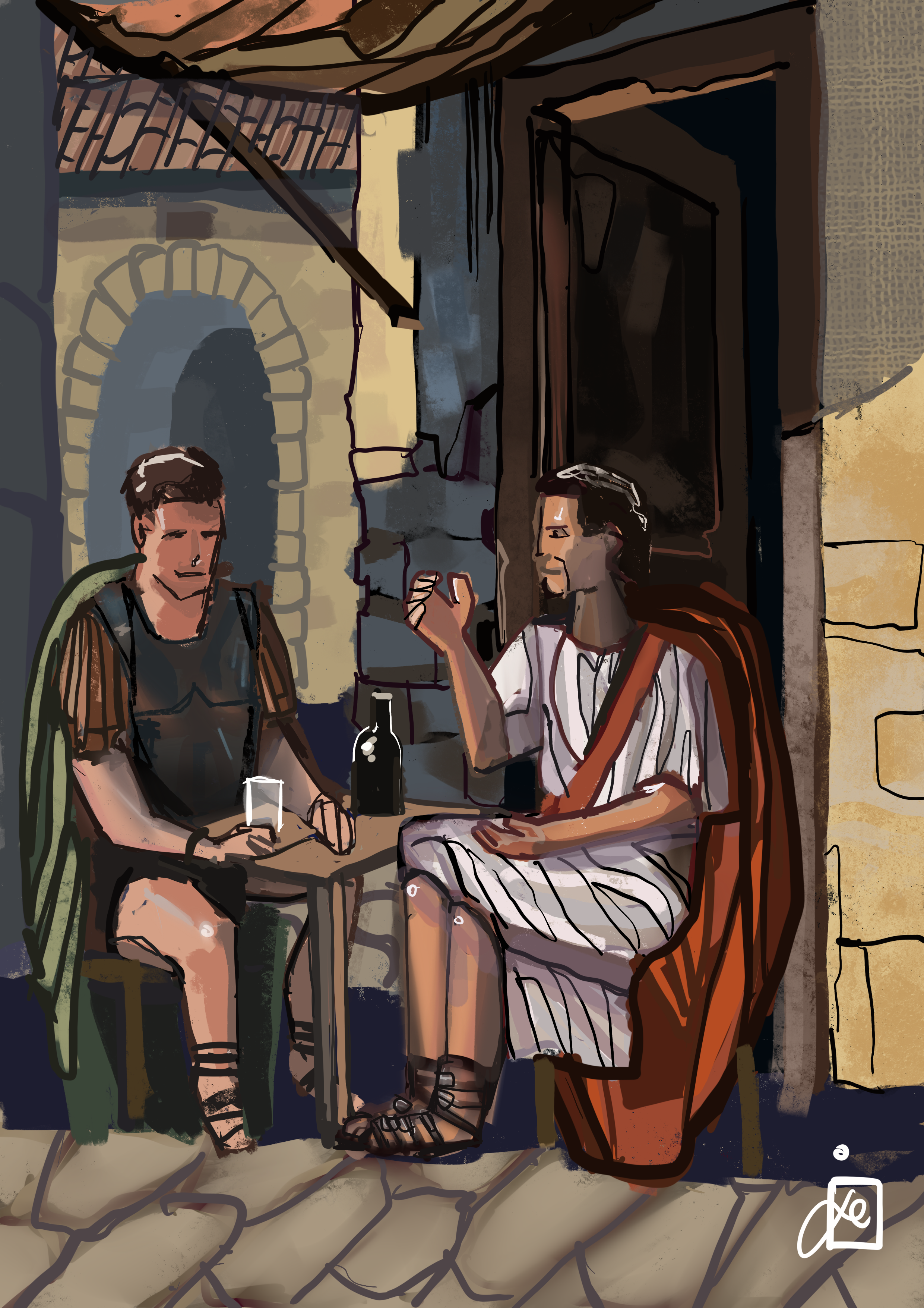 Illustration of two injured people sheltering inside a rustic hut, with one holding a bottle and the other leaning against a wooden post.