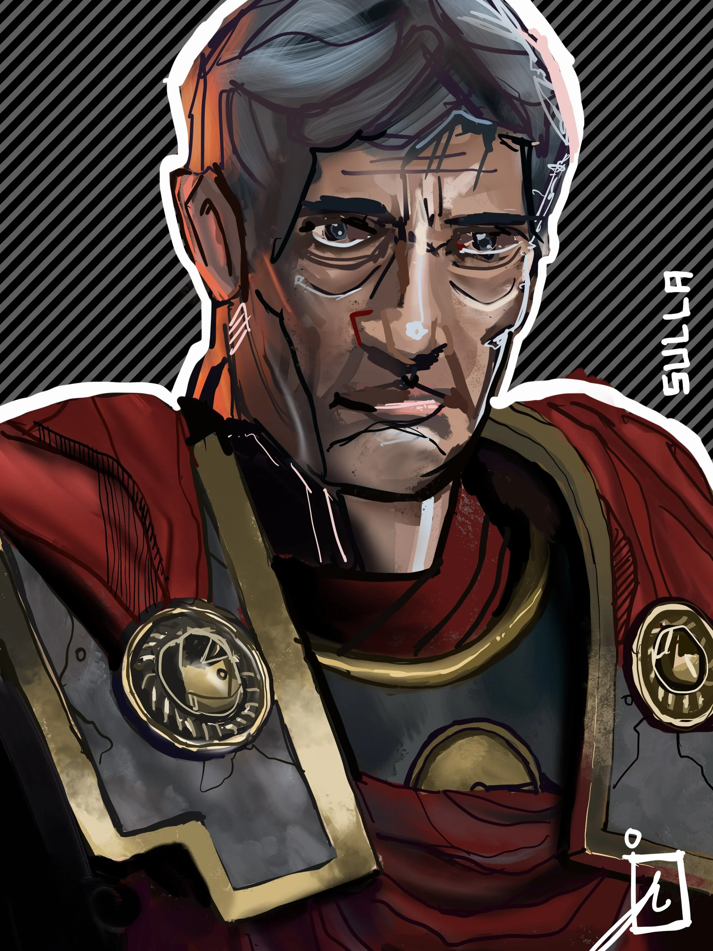 Stylized digital illustration of a gray-haired person in a red and olive military-style jacket against a black-and-gray striped background