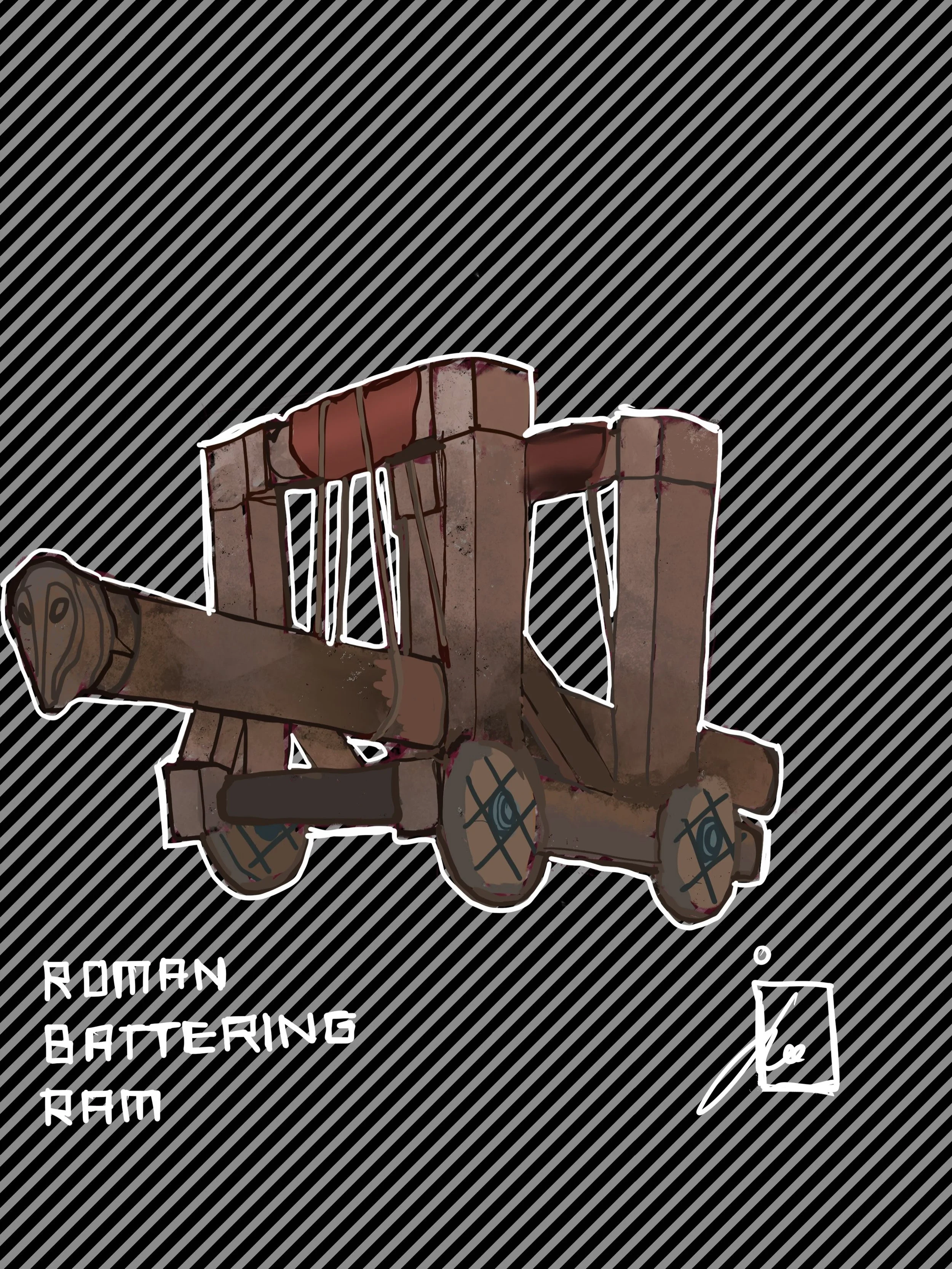 Illustrated Roman battering ram with a covered wooden frame and wheels on a striped background.
