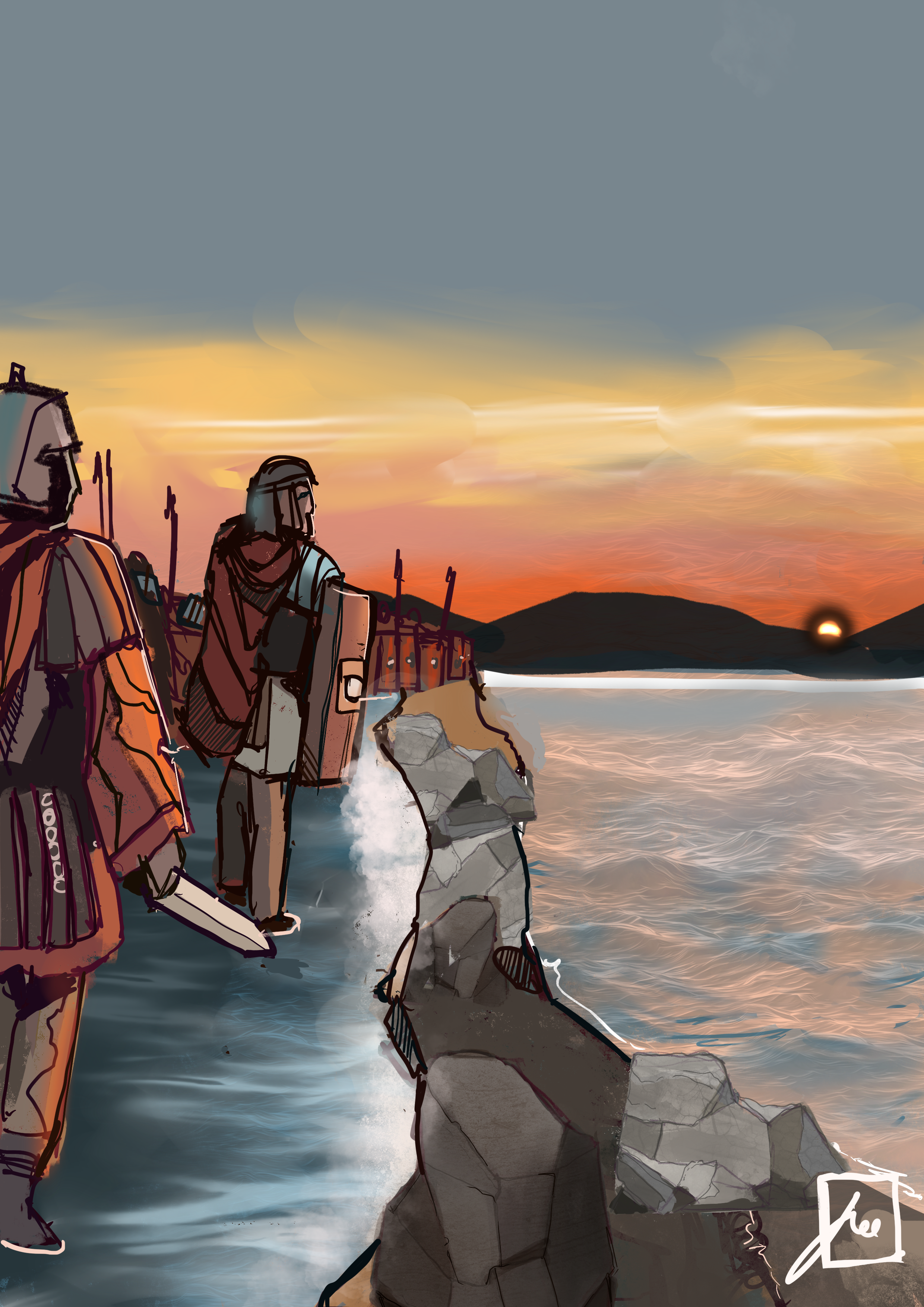 Illustrated fantasy scene of two armored travelers on a rocky shoreline at sunset, with a glowing fireball over dark hills and a curling white symbol in the foreground.