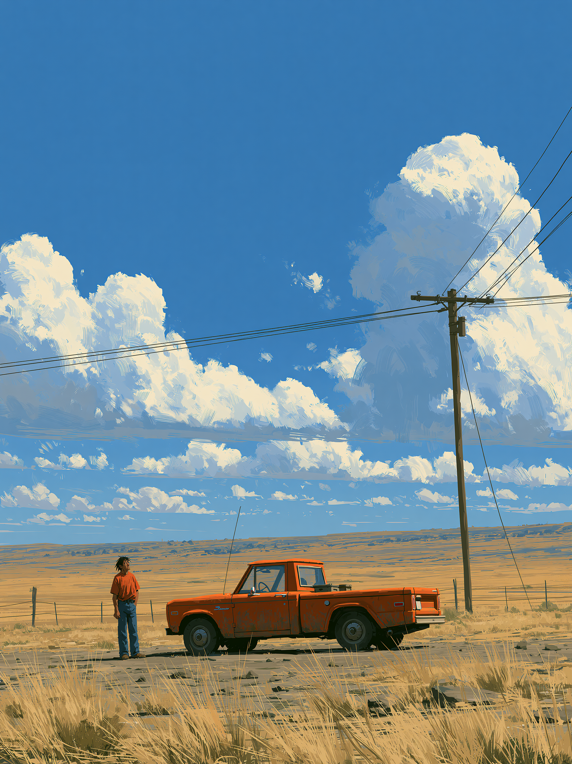A person in an orange shirt standing in a field under a blue sky with large white clouds, a red pickup truck parked nearby, and power lines running across the scene.