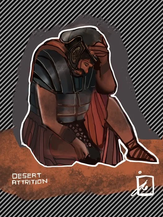 Illustration of a wounded Roman soldier in armor kneeling beside a red-cloaked figure, labeled “Desert Attrition.”
