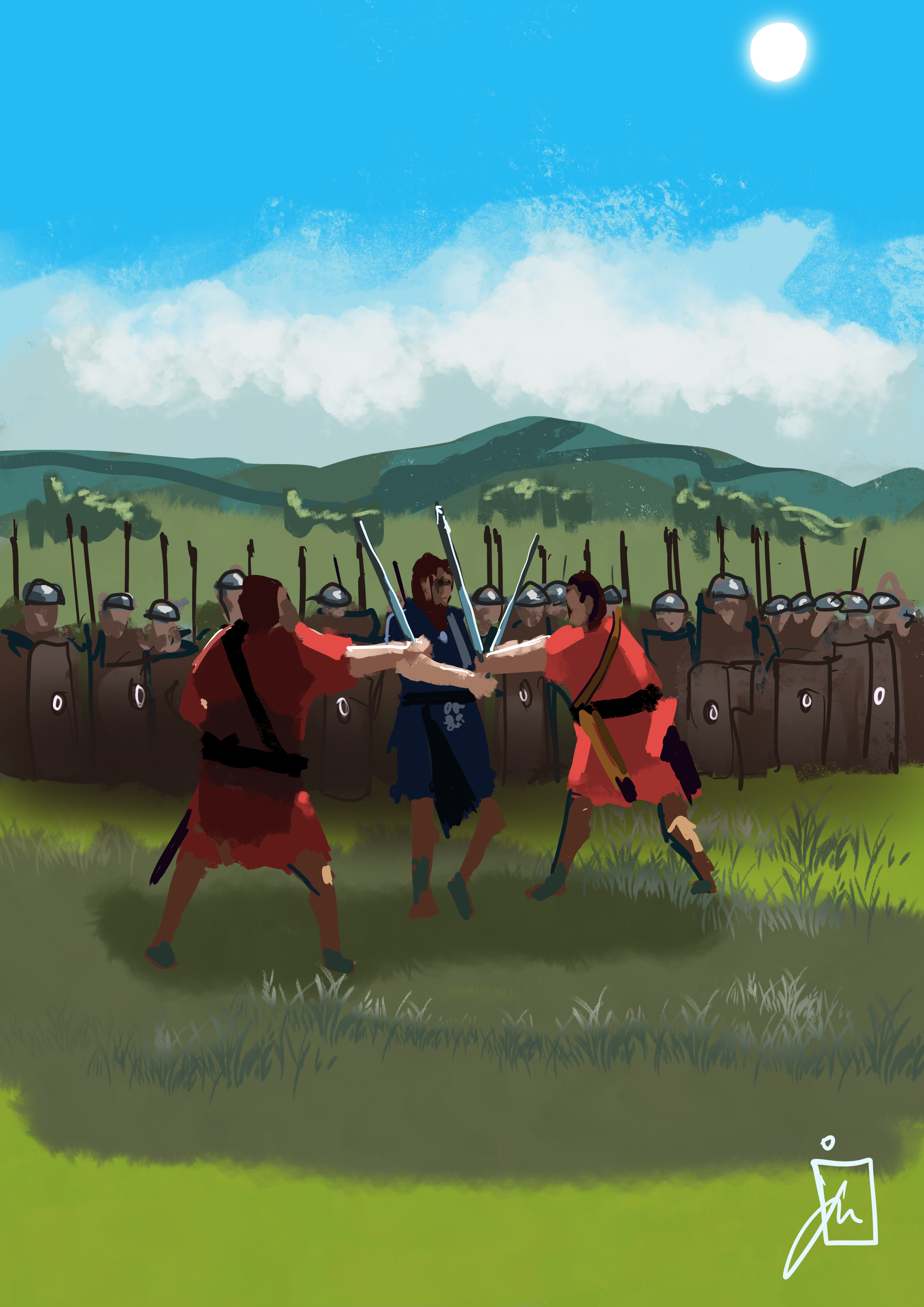 Illustration of medieval soldiers marching with swords and shields across a grassy landscape beneath mountains, clouds, and a bright sun