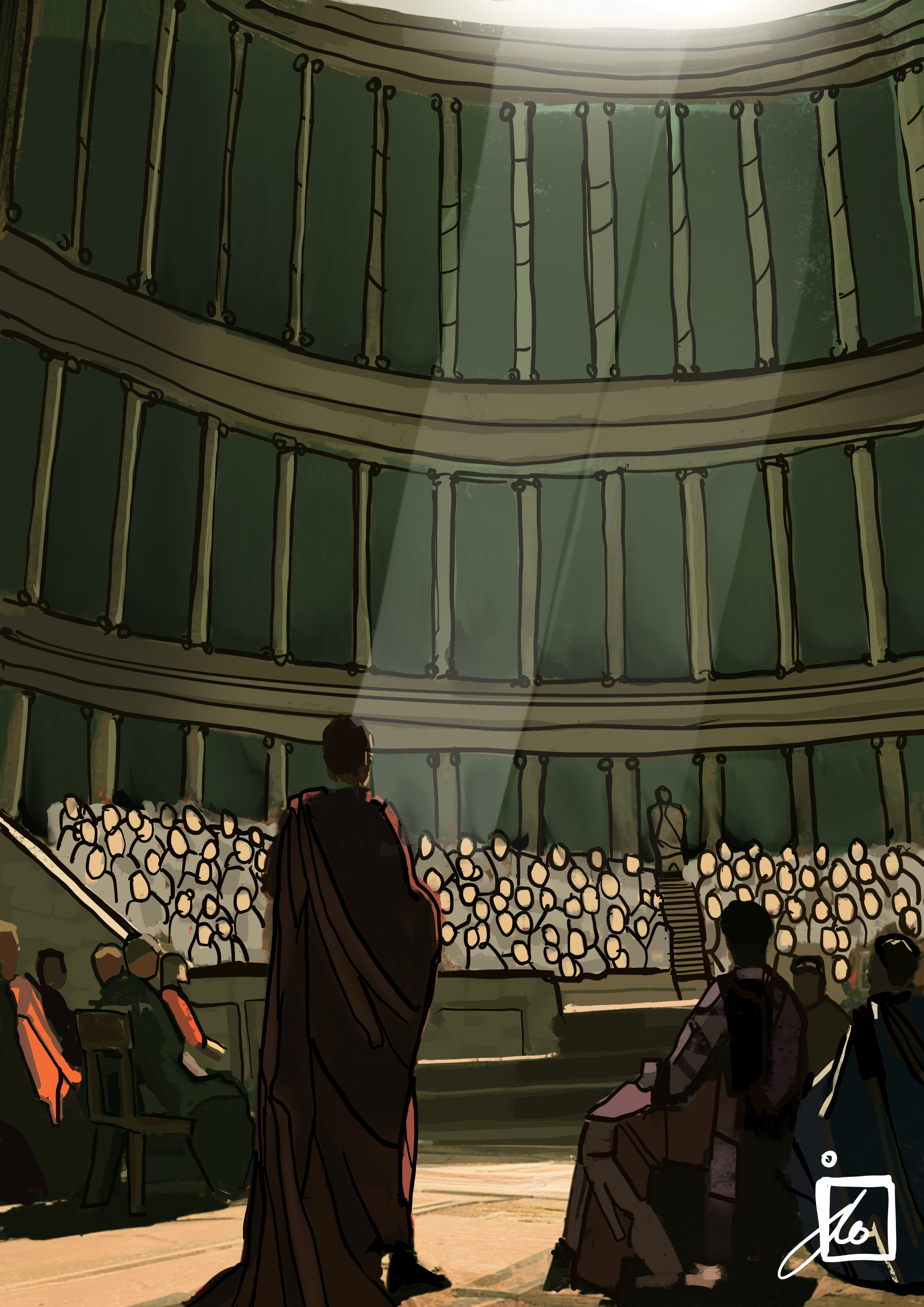 Illustrated theater interior with a cloaked figure onstage, a seated audience, and dramatic sunlight streaming through tall columns.