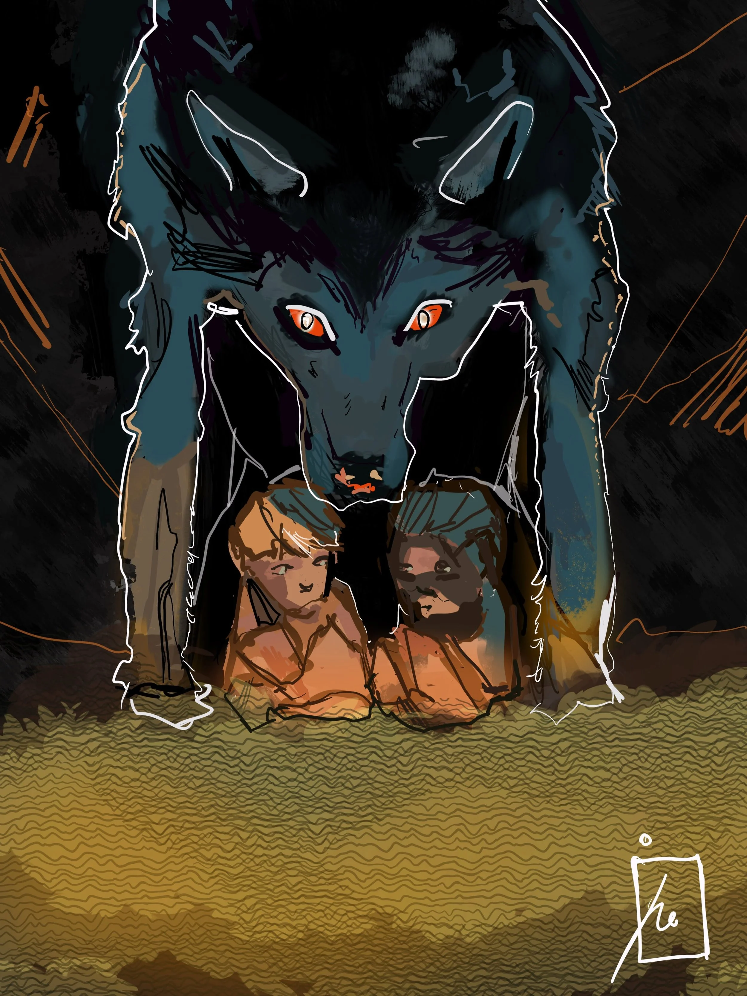 Stylized digital illustration of a dark teal wolf-like creature with glowing orange eyes standing behind a seated person in an orange coat.