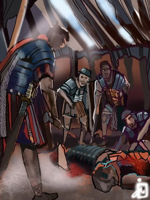 Stylized historical battle scene showing armored soldiers gathered around a fallen warrior inside a damaged structure.
