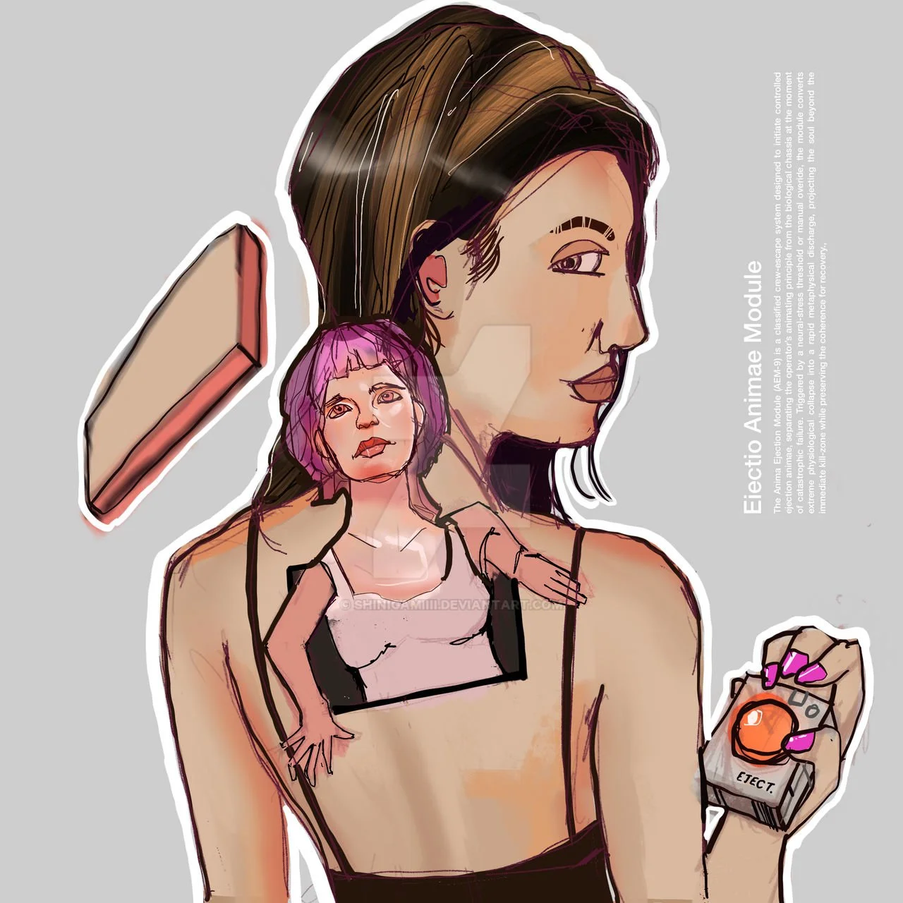 Drawing of a woman holding a remote with a mushroom and a woman with purple hair, with text about the effect of the Electo Animae Module.