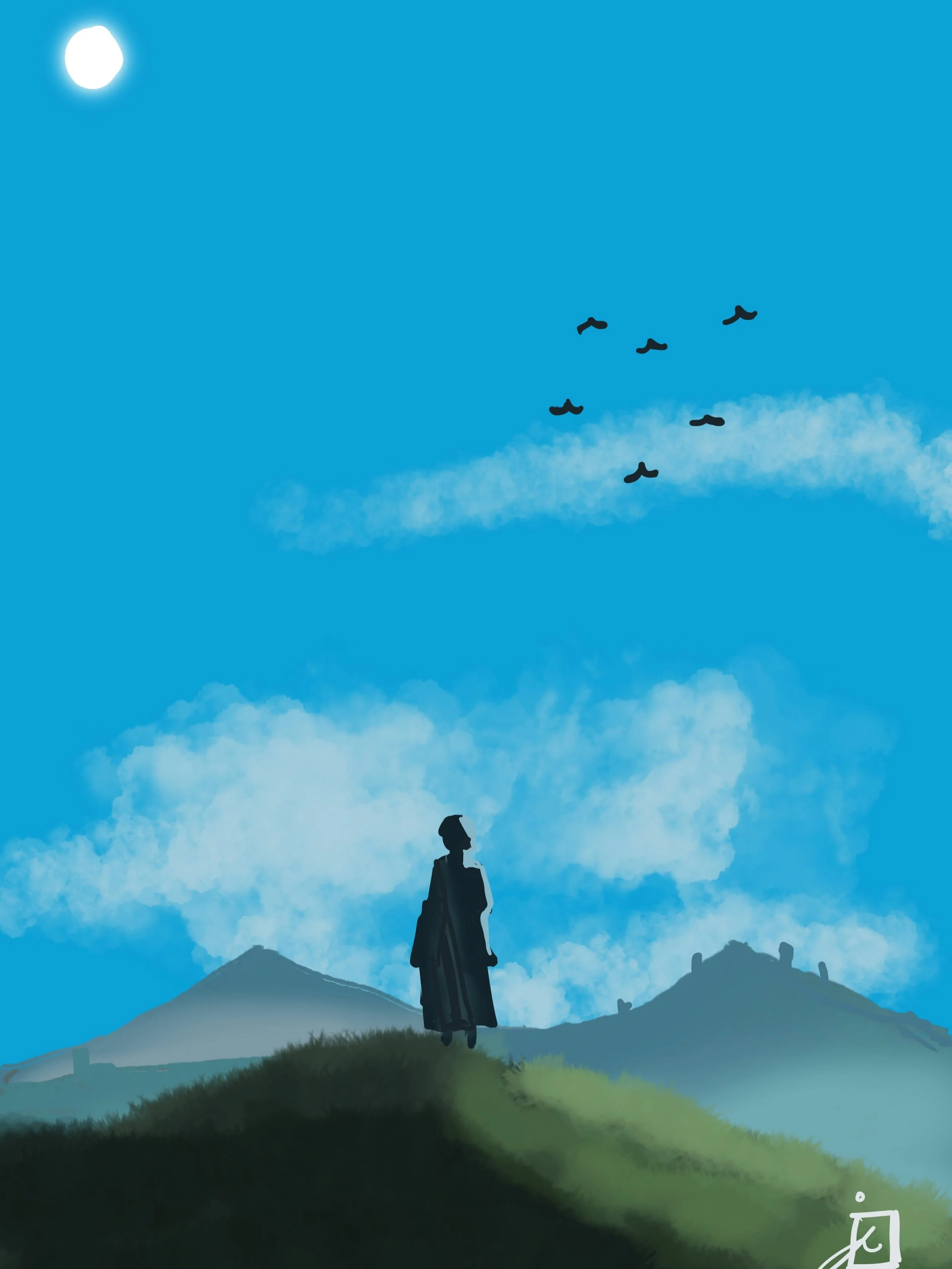 Silhouette of a person standing on a grassy hill beneath a bright moon, clouds, birds, and distant mountains.