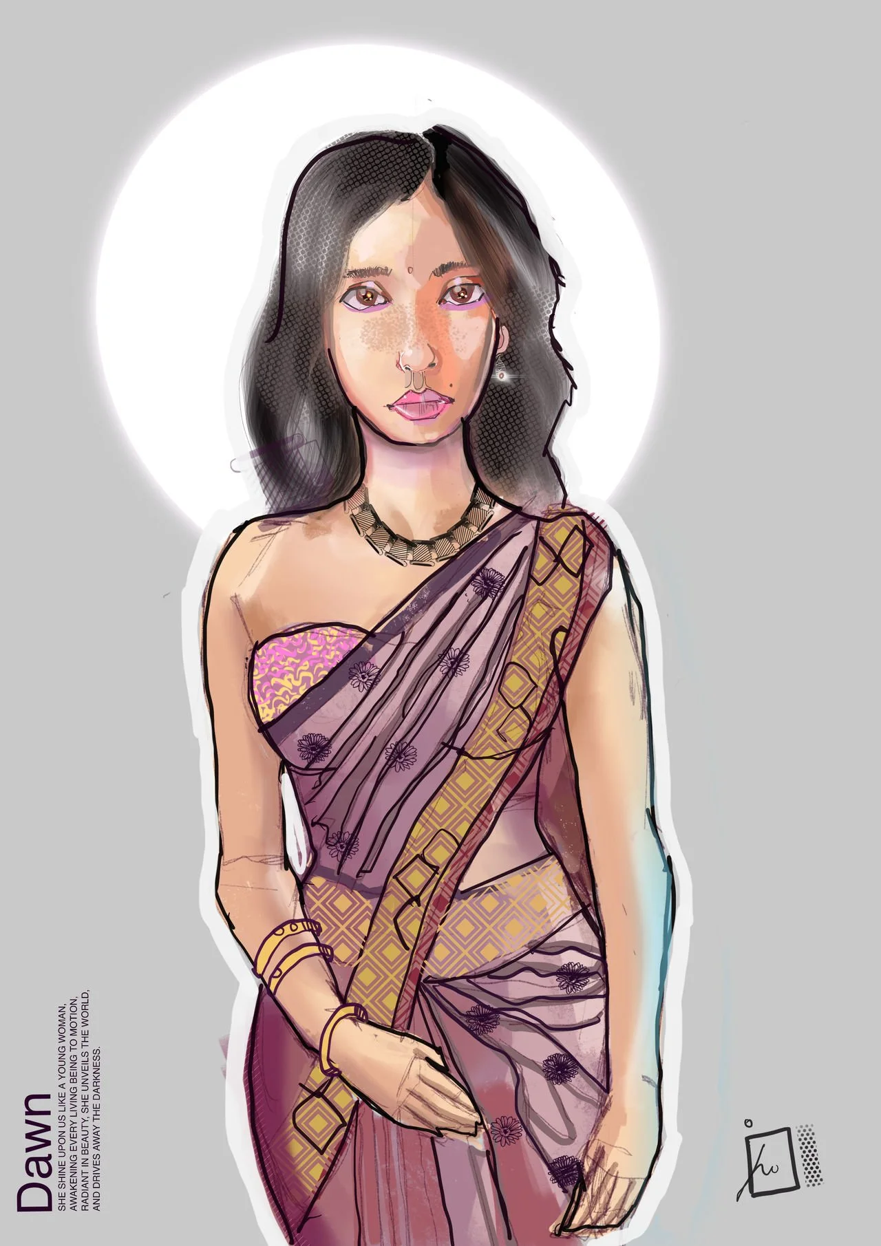 A digital illustration of a young woman in a traditional Indian sari, standing with a bright halo behind her head, wearing jewelry including a necklace, earrings, bangles, and a nose ring, with a confident expression.